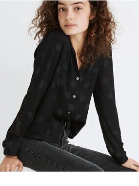 Madewell Black Jacquard Polka Dot Long Sleeve Button Down - Size Small